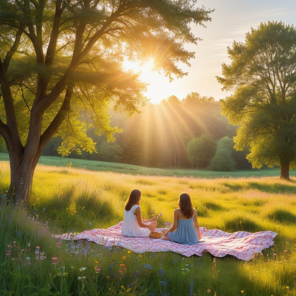 A serene landscape featuring a sunlit meadow filled with vibrant wildflowers, where a diverse group of people of different ages and backgrounds are joyfully engaging in various blissful activities like picnicking, dancing, and meditating. Soft, warm sunlight filters through the trees, creating a peaceful atmosphere that embodies happiness and connection. Include elements like butterflies and birds to enhance the sense of harmony with nature. super-realistic. vibrant colors. dreamy sky.